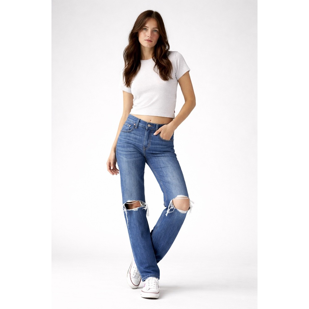 Levi's Women's 27‎ Low Pro Straight Jeans Blue Distressed Ripped Knees Mid Rise